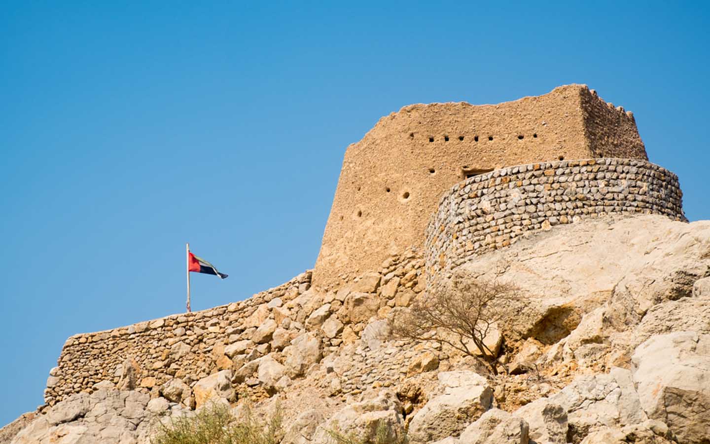 The round defensive boundary wall of Al Dhayah Fort